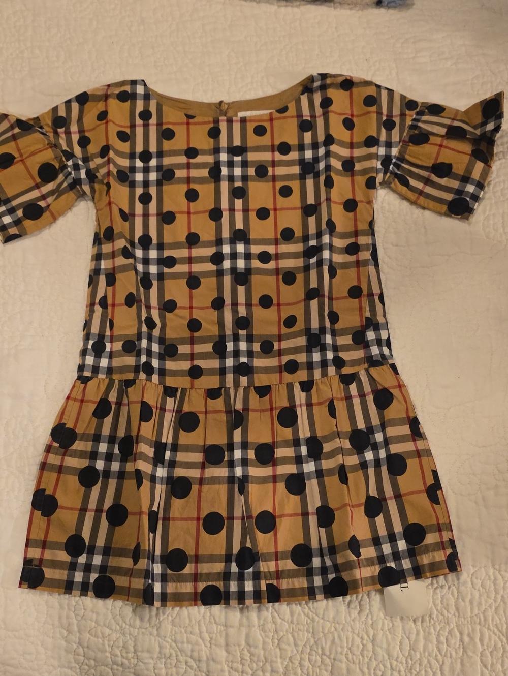 Girls' Burberry Plaid & Polka Dot Dress - Tan